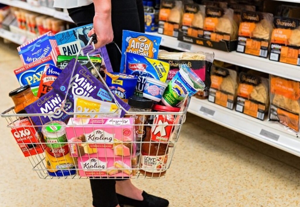 shopping basket full of food packaging