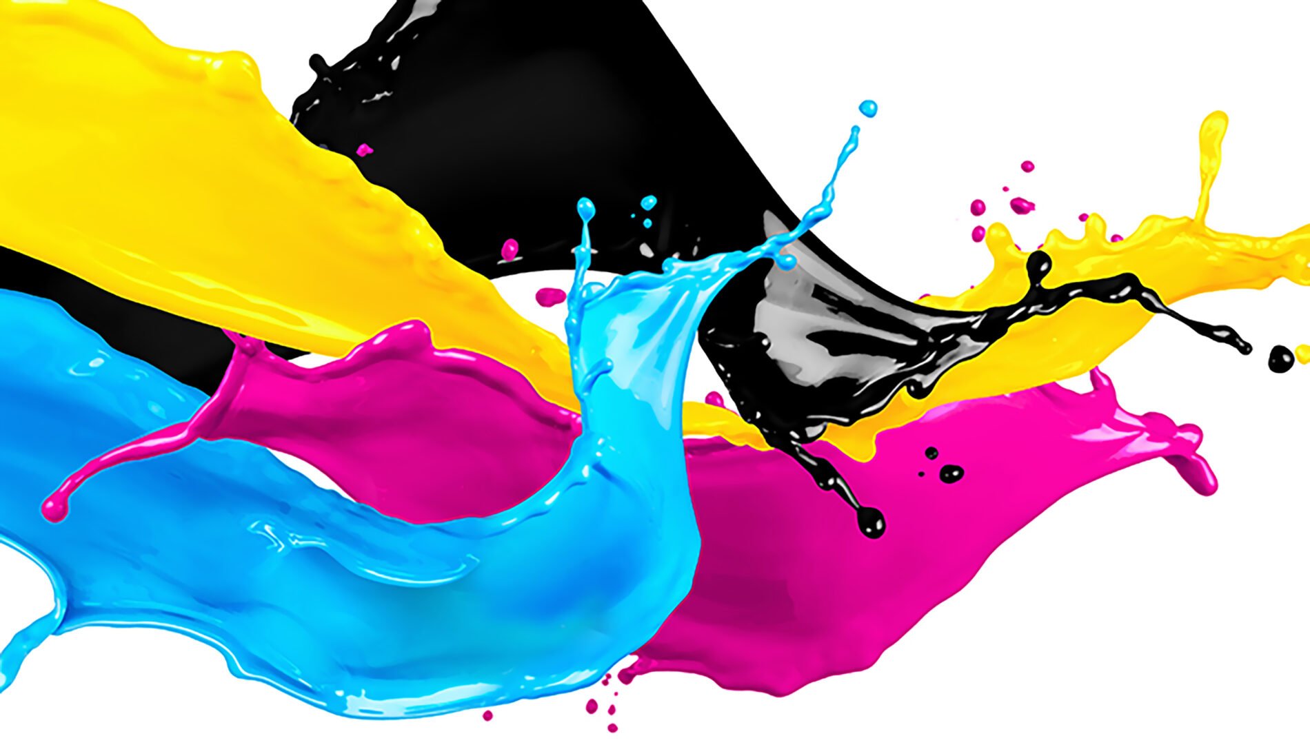 blue, pink, yellow and black paint splashing together