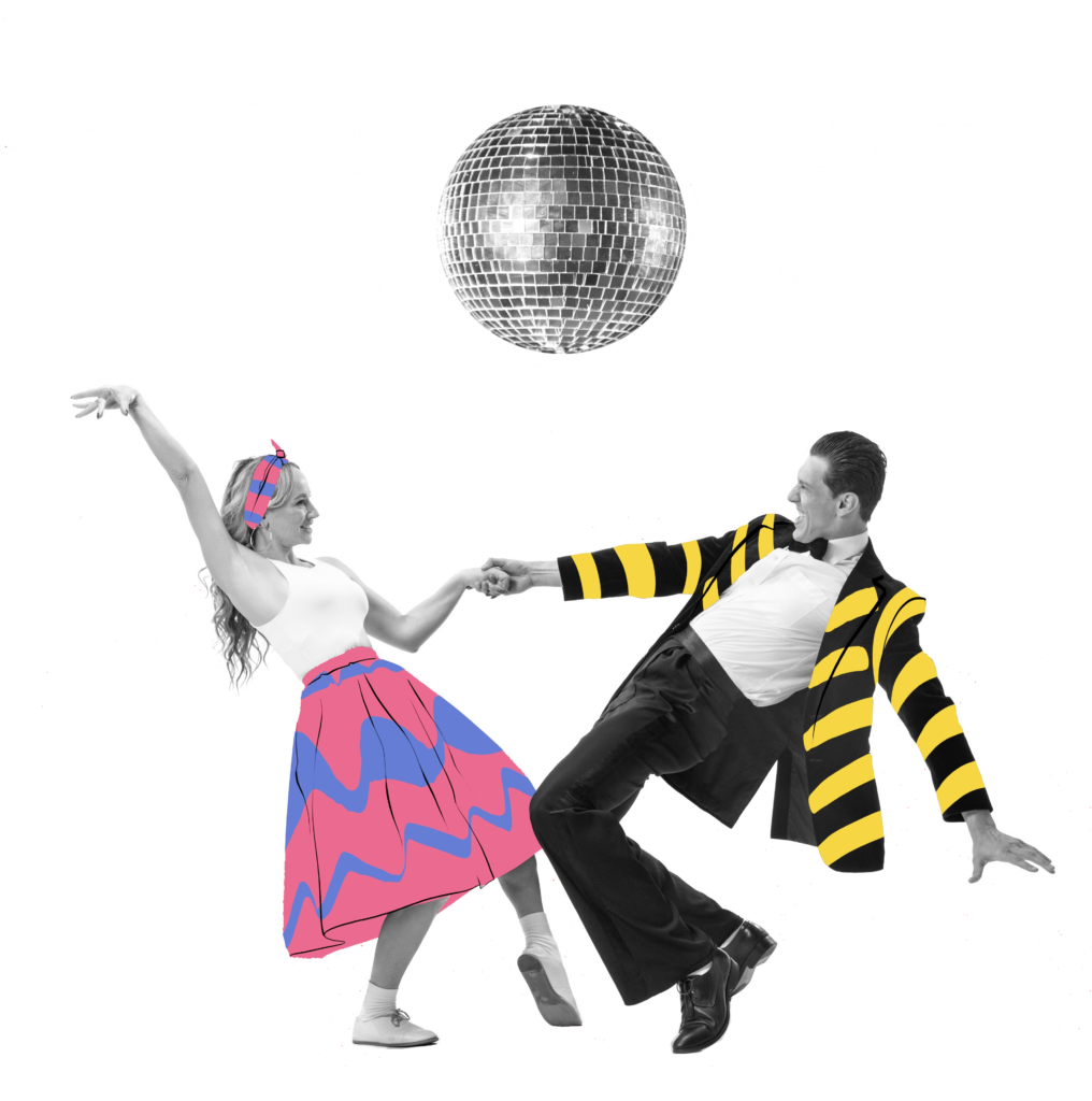 two people dancing under a disco ball